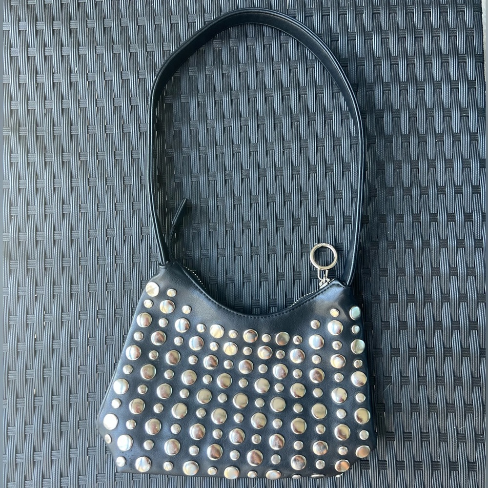Vintage Nine West Studded Leather Shoulder Bag - black with silver studs